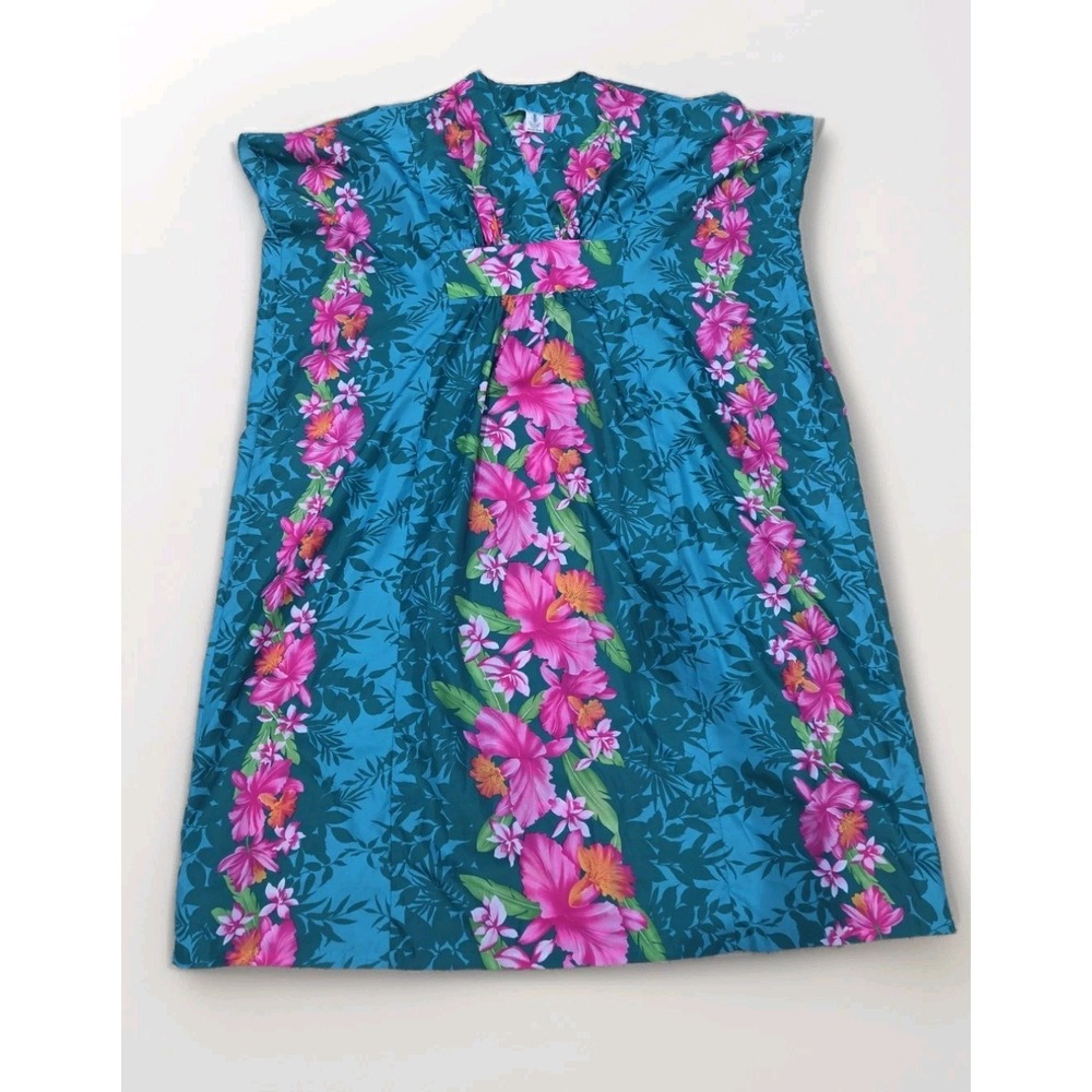 Vintage 80s Royal Creations Hawaiian Teal Orchid Floral Muumuu Dress Tiki O/S